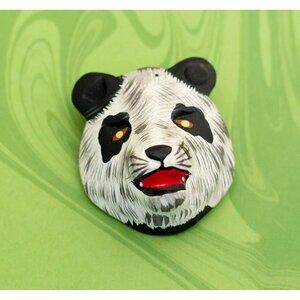 Vintage Wooden Fuzzy Panda Adorable Brooch by Indonesia - W15